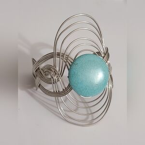 Woven wire turquoise bracelet cuff BIG euc